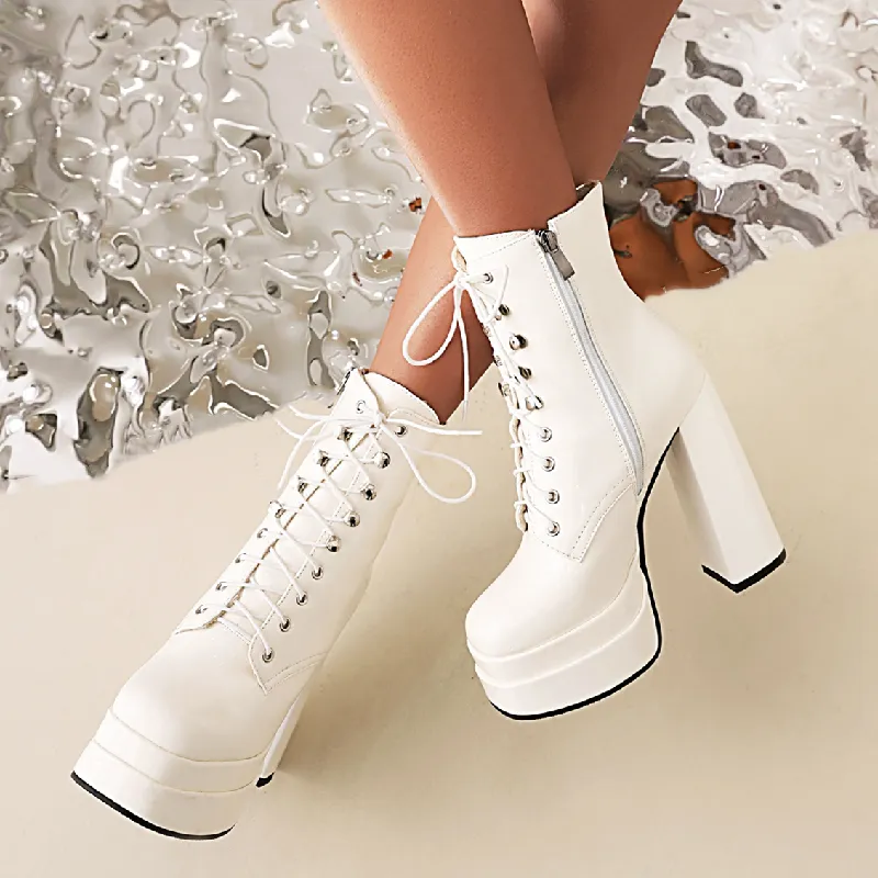 High Heeled Platform Boots Womens Ankle Boots Lace Up Leather