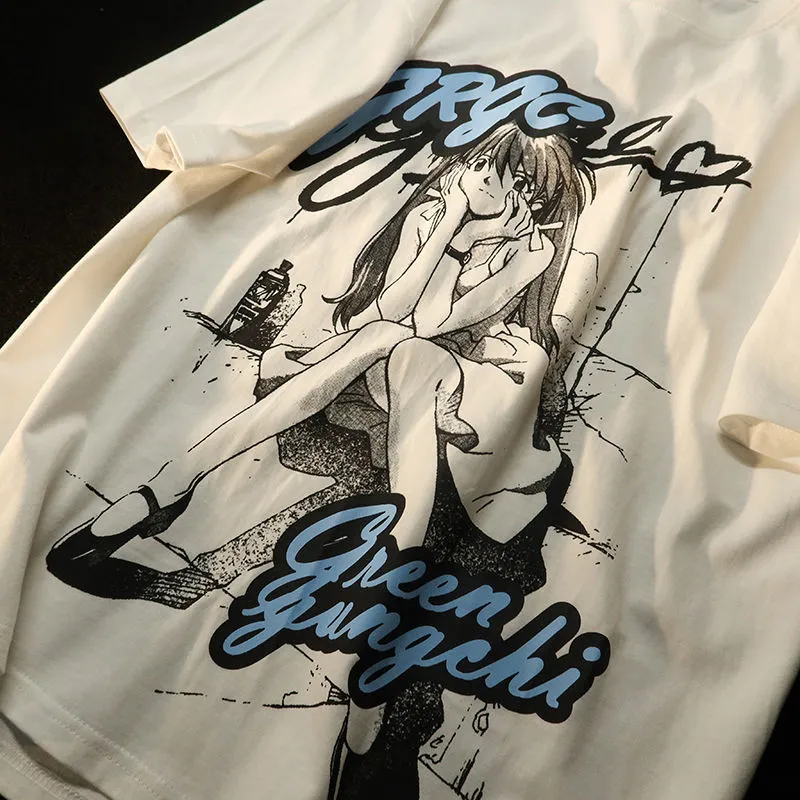 トップス VINTAGE ILLUSTRATION Sweat (ASUKA) Oversized Anime T Shirt Womens O-Neck Knitted Cartoon Print Summer