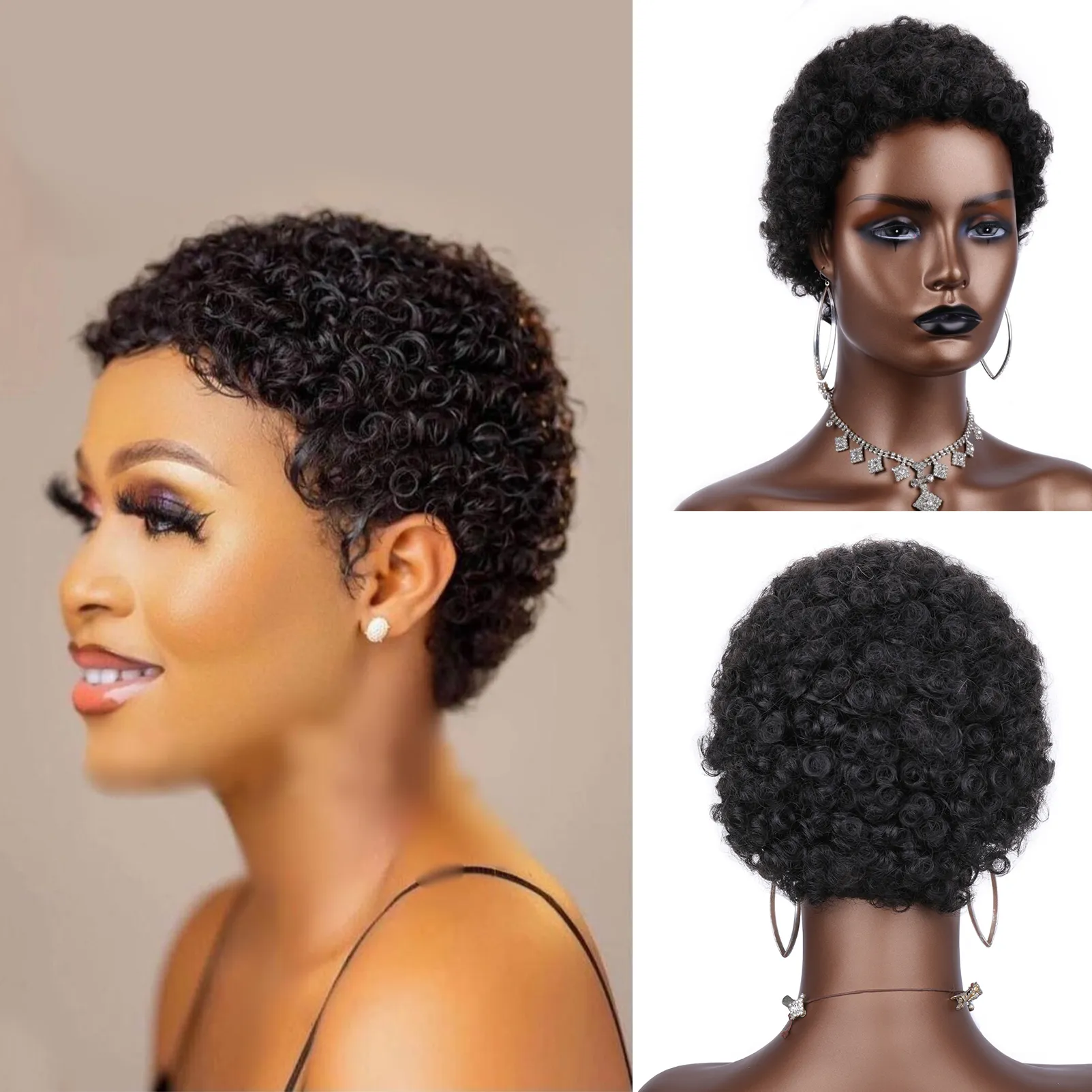 Brazil Remy 100% Human Hair Afro Curl Pixie Wig Kinky Jerry 