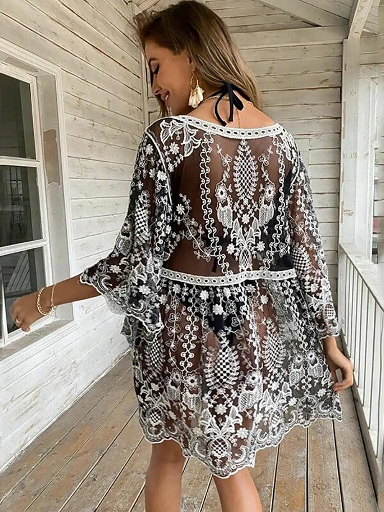Sheer Beach Dresses Lace Cover Up Sexy Floral Swimwear Outfits