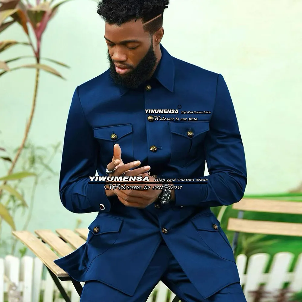 Mens Navy Blue Slim-Fit 2-Piece Wedding Tuxedo with Stand-Up