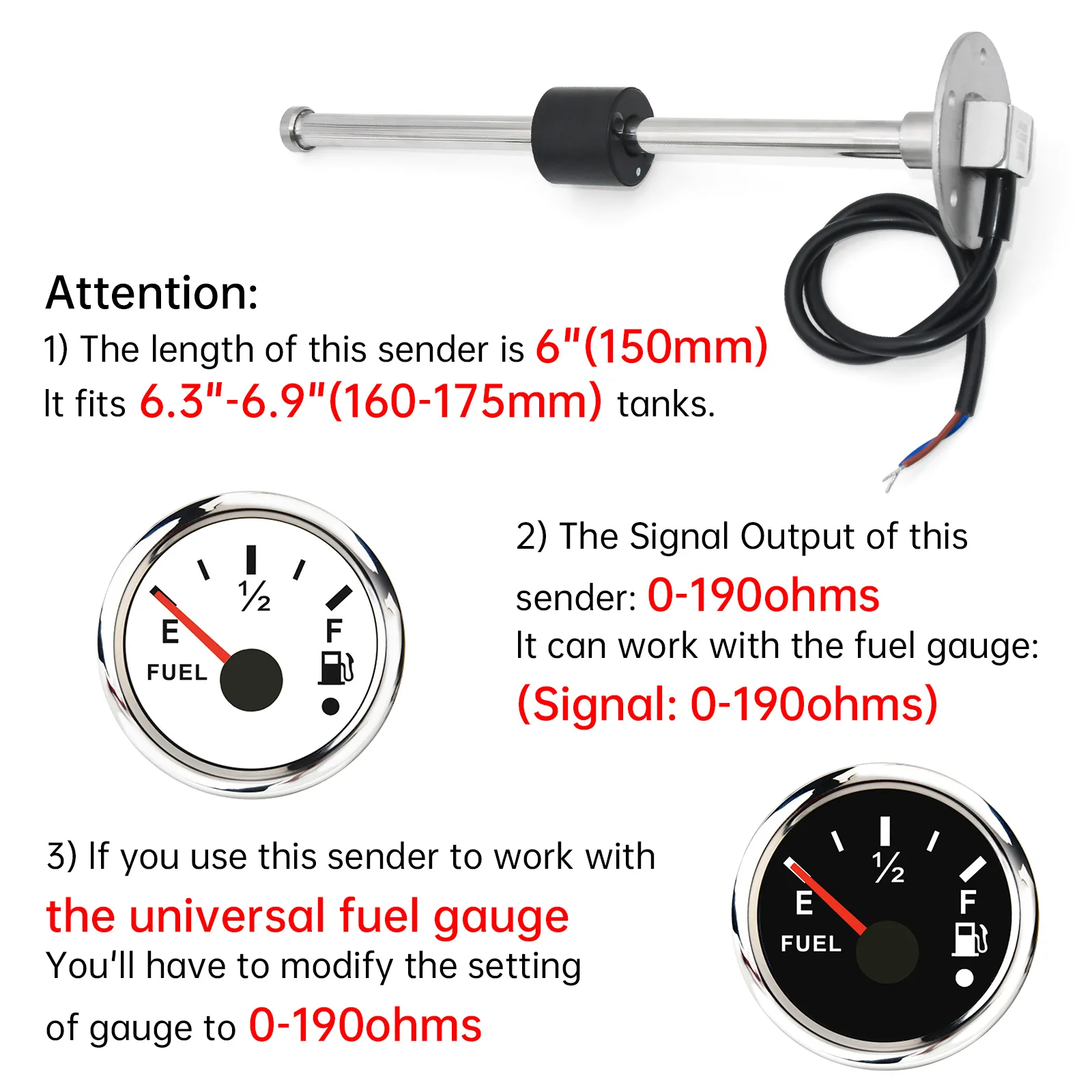 Marine Boat Yacht Car Oil Liquid Tank Fuel Sender Unit Sensor, 100mm - 1000mm, 0 - 190 240 - 33
