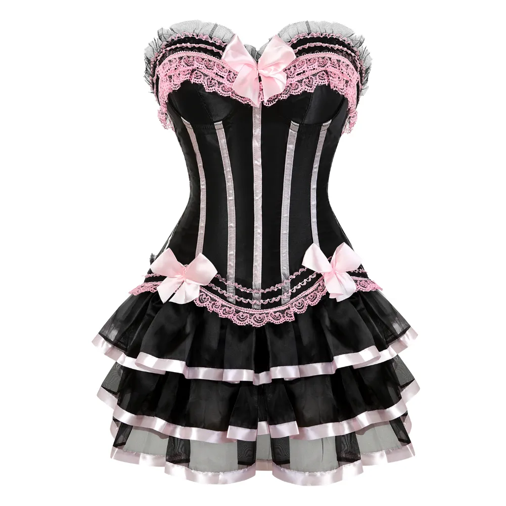 white christmas dresses Black Satin Overbust Plus Size Corset With Tutu Skirt Burlesque Costume main image 1