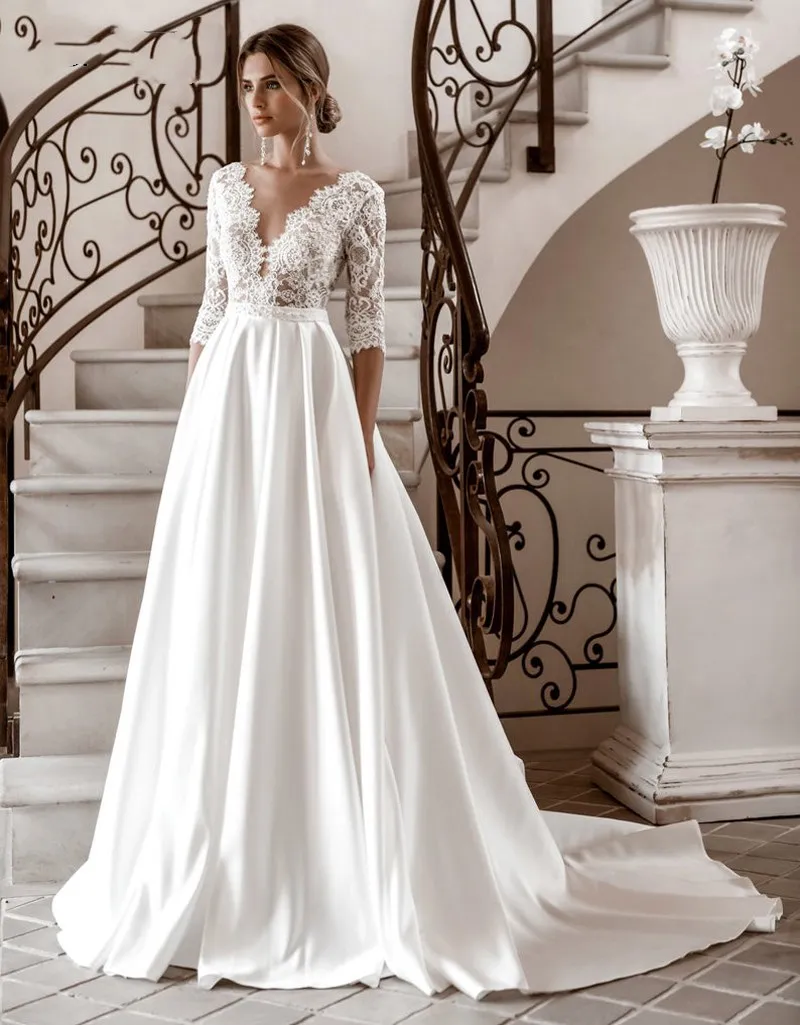 DREAM Elegant 3/4 Sleeves Lace Wedding Dress V-Neck Satin A-Line Floor-Length Bridal Gown from Dhgate Other Wedding Dresses - price 159.18 DREAM Elegant 3/4 Sleeves Lace Wedding Dress V-Neck Satin A-Line Floor-Length Bridal Gown from Dhgate Other Wedding Dresses - price 159.18