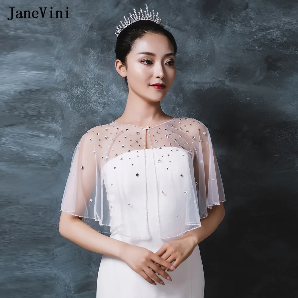 JaneVini Rhinestone Bolero: Elegant White Tulle promthep cape with Beaded Detailing for Women's Bridal, Evening Jacket, and Cloak - Perfect Wedding