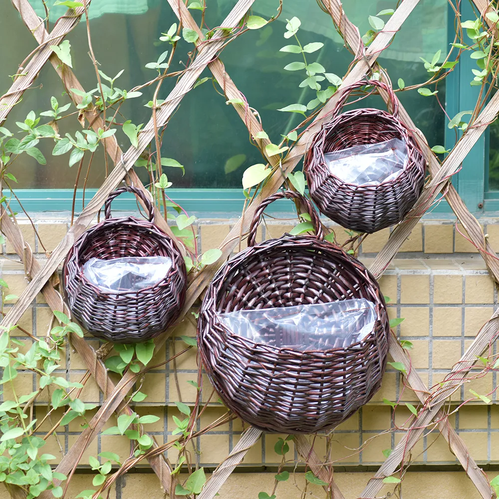 Rattan Hanging Basket Plant Fiber Handmade Woven Outdoor Planter for Garden