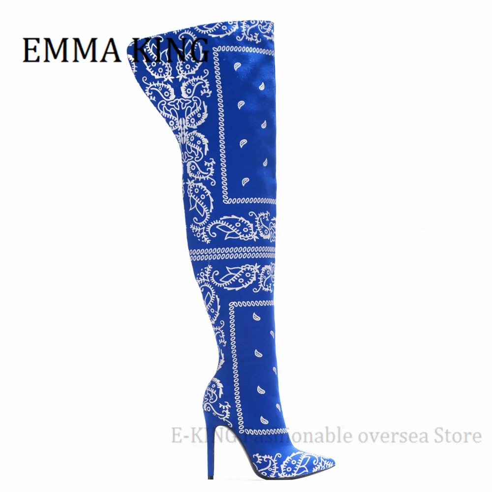 Custom Blue Bandana Heels Bandana Print Over The Knee High Boots