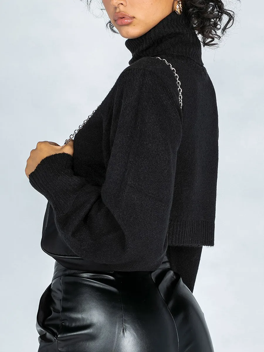 Jeans Ribbed Knit Pullover Turtleneck Lantern Sleeve Cropped