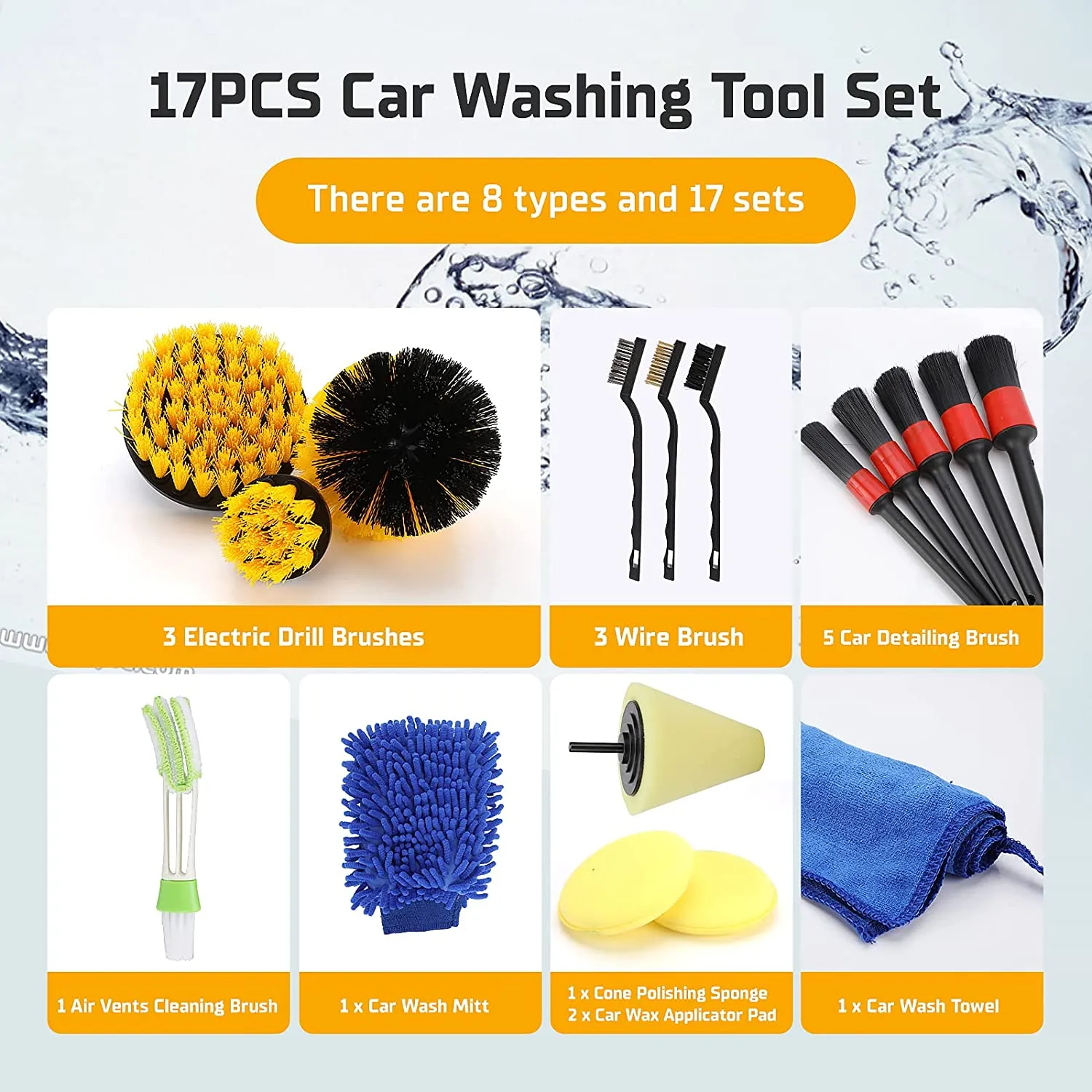 17-Piece Car Wheel & Tire Rim Scrub Cleaning Brush Kit – Drill Attachment Wash Kit