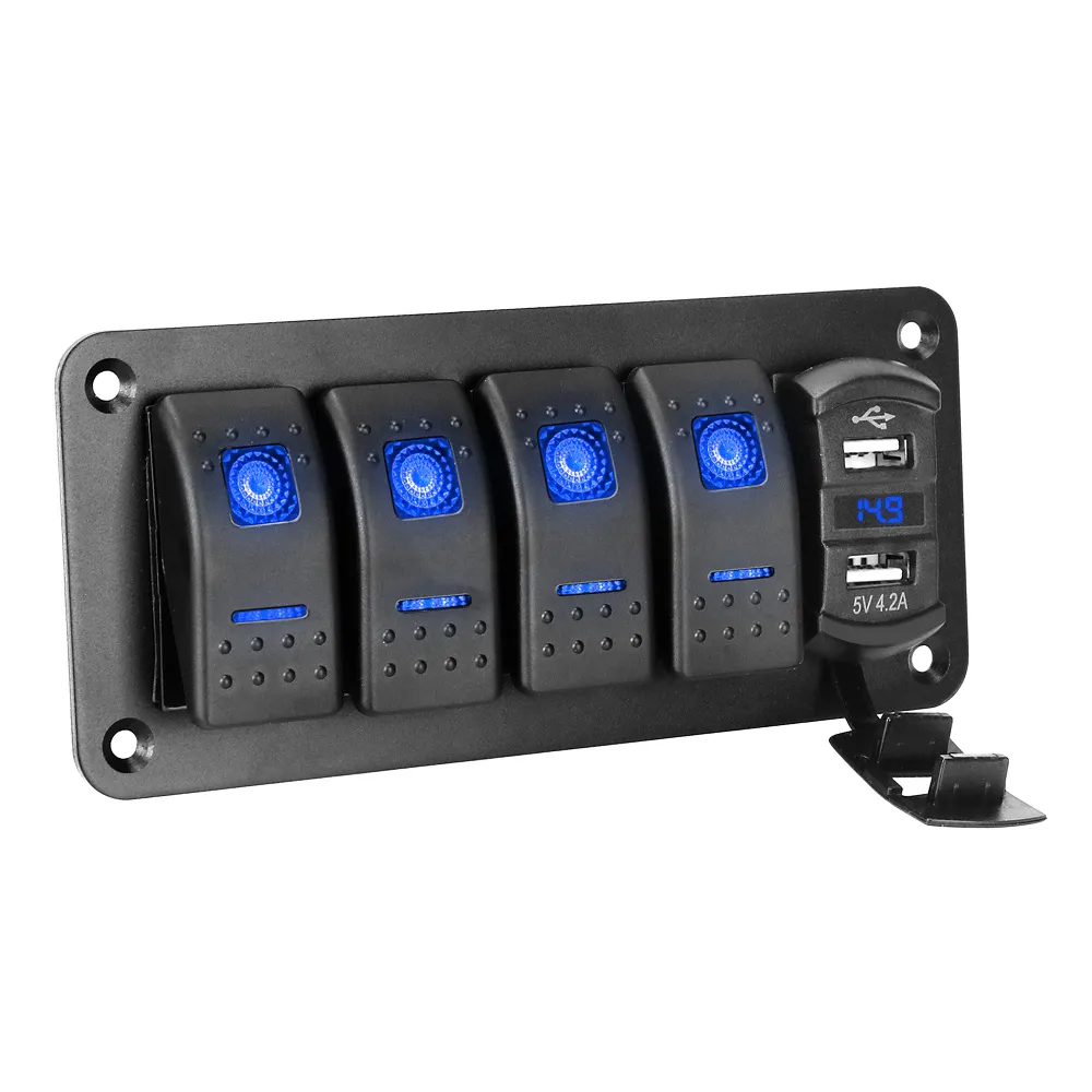 Aluminum Switch Box 4 Gang Marine Rocker Switch Panel With USB Charger & Voltmeter - 12V Waterproof Aluminum Box For Boats, RVs, Trucks USB Charger Switch