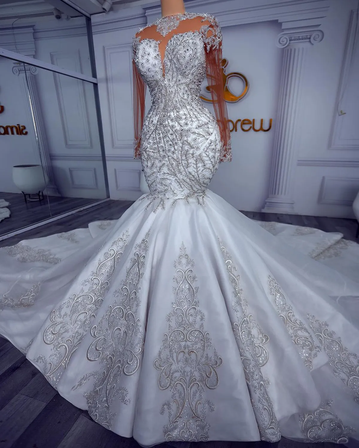 Product Title: Custom-made Gorgeous Mermaid Wedding Dresses with Long Sleeves, Sequins Appliques, and Lace Detailing, featuring a Sweep Train - Robe Product Title: Custom-made Gorgeous Mermaid Wedding Dresses with Long Sleeves, Sequins Appliques, and Lace Detailing, featuring a Sweep Train - Robe