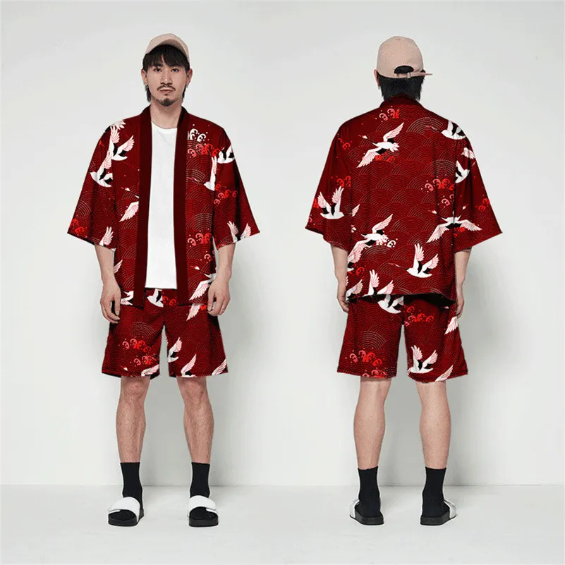 Japanese Crane Print yukata for Men's Cosplay - Red
