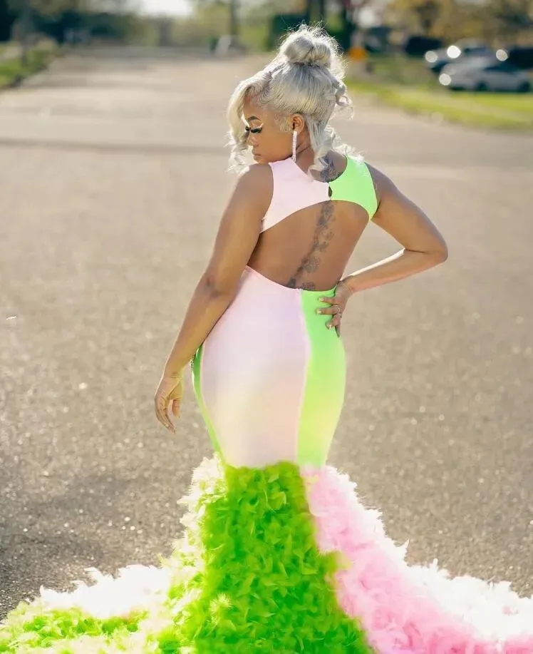 Sparkling Diamond Feather Evening Gown for Black Girls - Pink and Green Long sparkly mermaid prom dress Sparkling Diamond Feather Evening Gown for Black Girls - Pink and Green Long sparkly mermaid prom dress