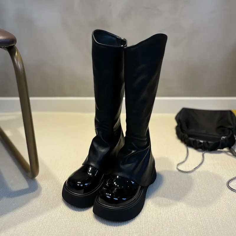 High Heel Platform PU Leather Wedge Chunky Knee High Boots For Women ...
