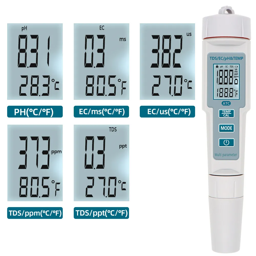 Digital Water PH Meter TDS Tester Pen With EC Monitor And Thermometer ...