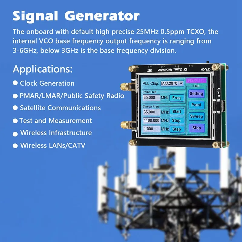 MAX2870 Signal Generator 23.5Mhz-6000Mhz Frequency Touching Screen Radio Frequency Signal Source PC Software Controls
