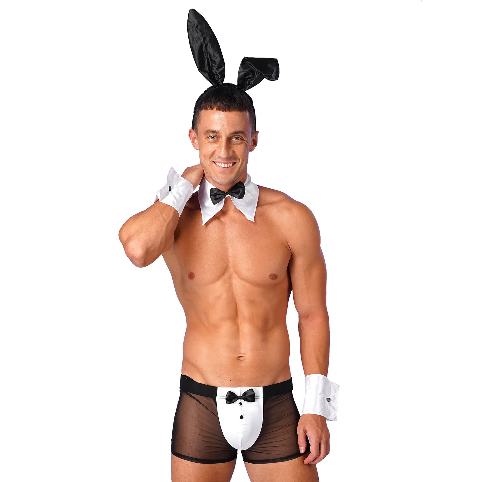 Sexy Bunny Costume Tuxedo Lingerie Set - Men's Role Play Outfit with  See-Through Boxers and Bunny Ears