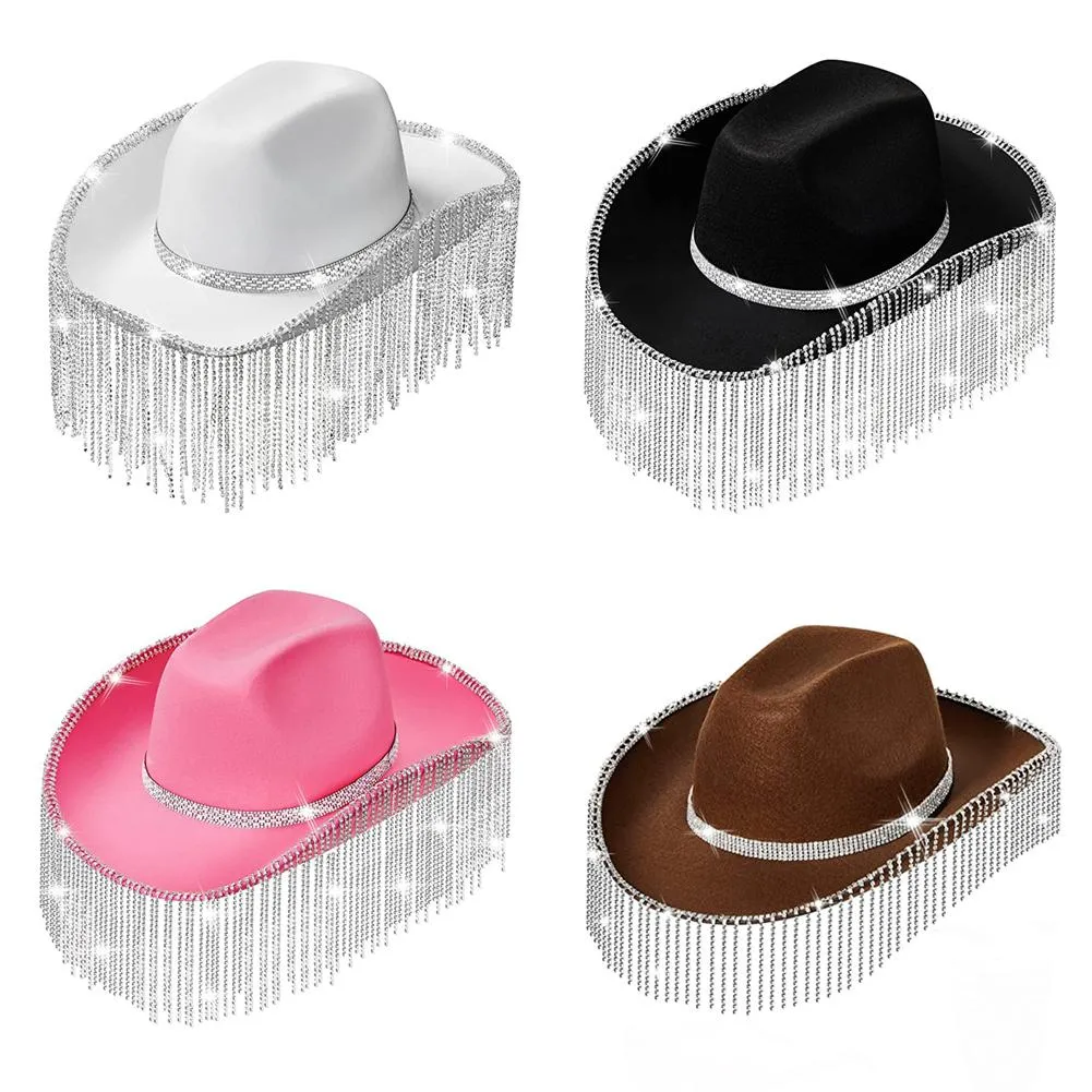 Chapeau Cowboy Strass Western Vintage Pour Femme - Large Bord Bling Diamond Hat Disco Party M/L
