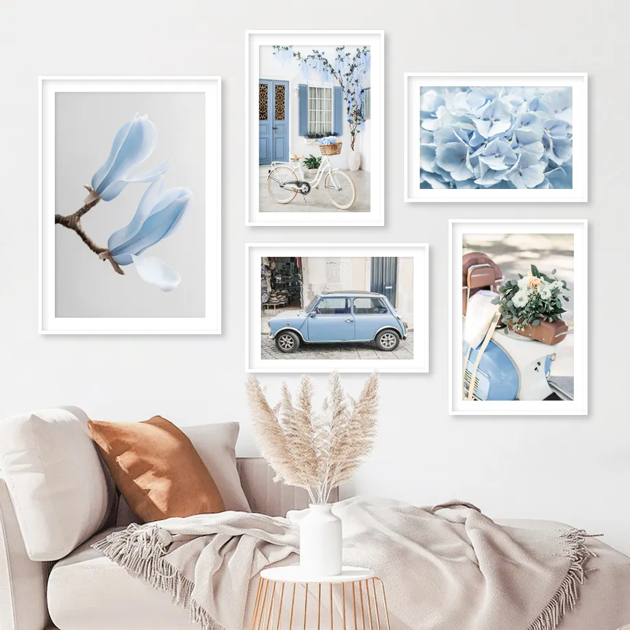 Magnolia Hydrangea Canvas Wall Art - Light Blue Floral