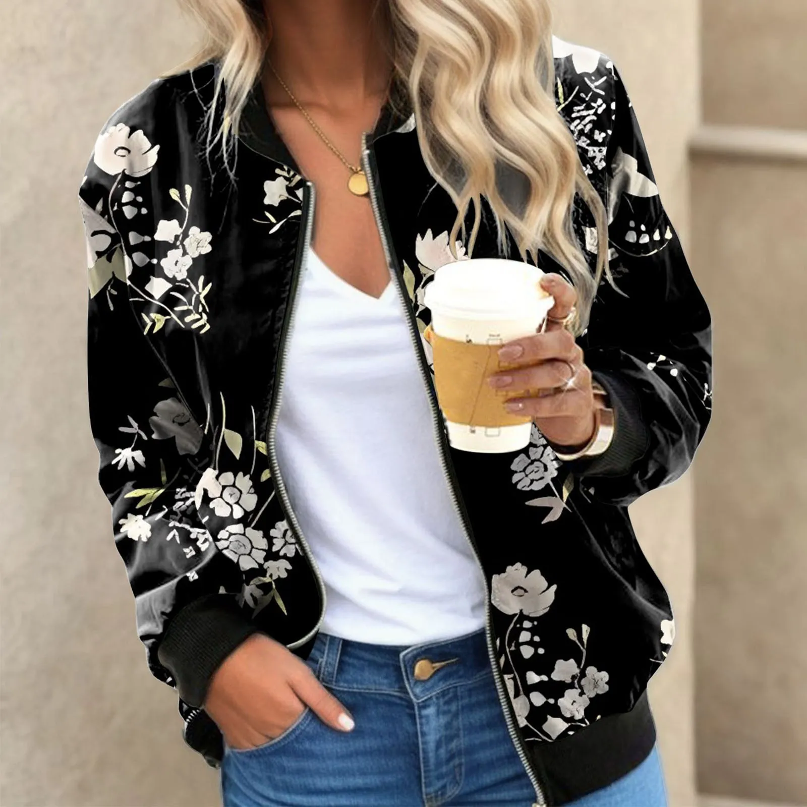 Elegant Floral Bomber Jacket for Women: Stylish Zippered Spring