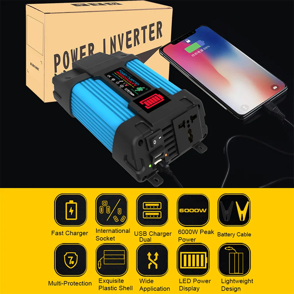 6000W Car Power Inverter LED Voltage Capacity Display Transformer Converter 12V to 110/220V Dual USB Inverter for Car Appliances