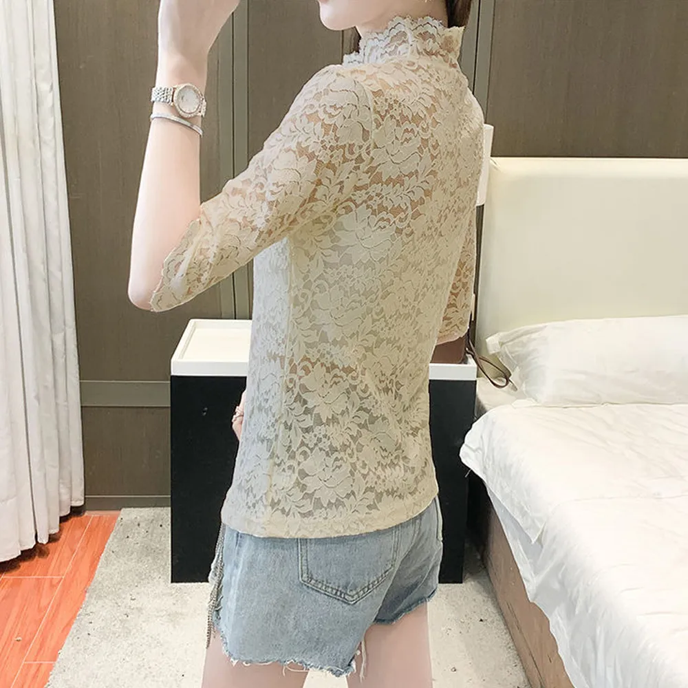 Womens Lace Shirts Blouses: Rose Petal Sleeve Turtleneck Short