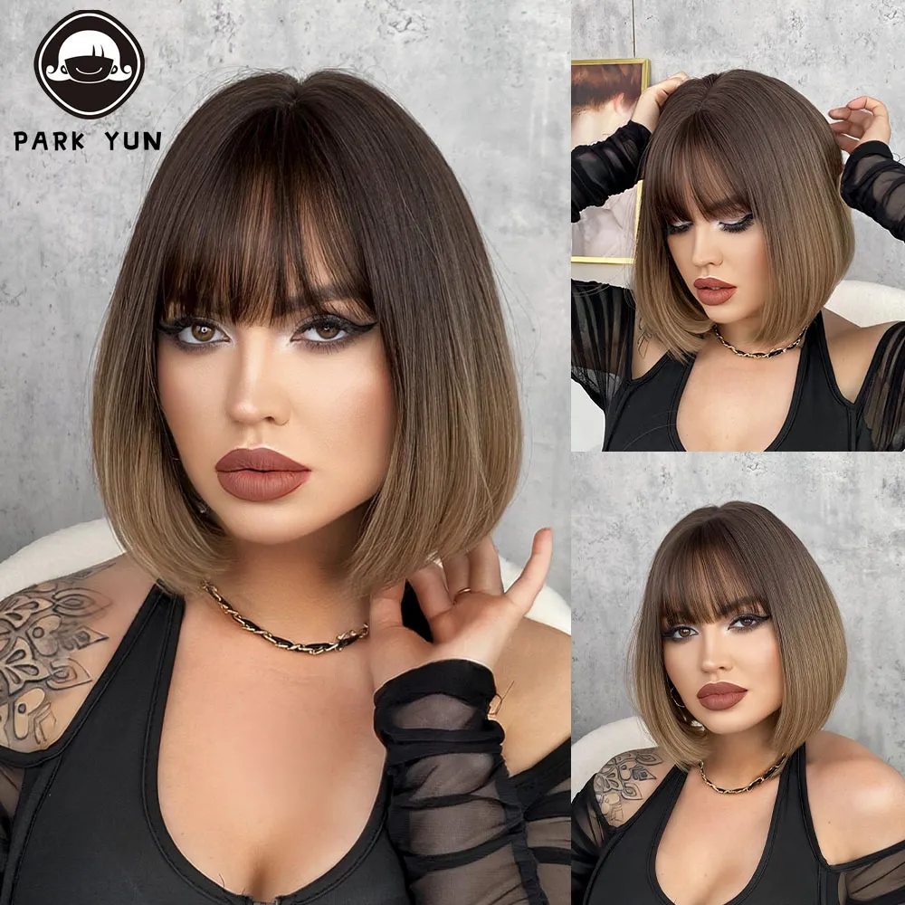 Ombre Brown Blonde Short Bob Heat Resistant Synthetic Wig  display picture 2