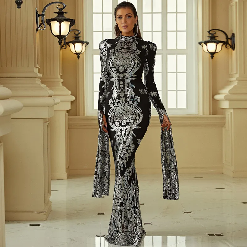 Womens Black Turtleneck Long Sleeve Silver Sequined Cocktail Dress Floor  Length Trumpet Silhouette from Dhgate Dancewear & Accessories - price 193.25