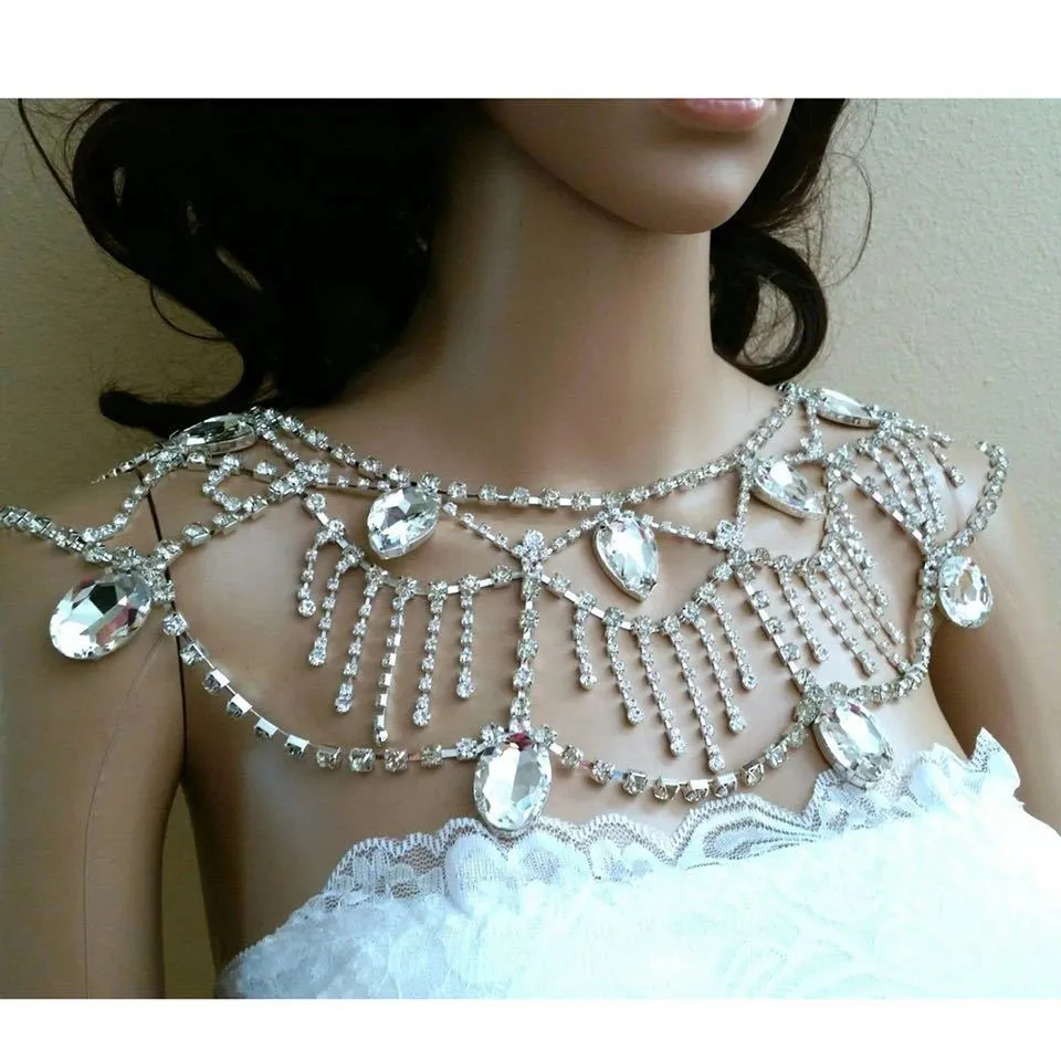 Bohemian Crystal Rhinestone Bridal Shoulder Chain Glitter Statement Body Chain Jewelry for Weddings Special Occasions