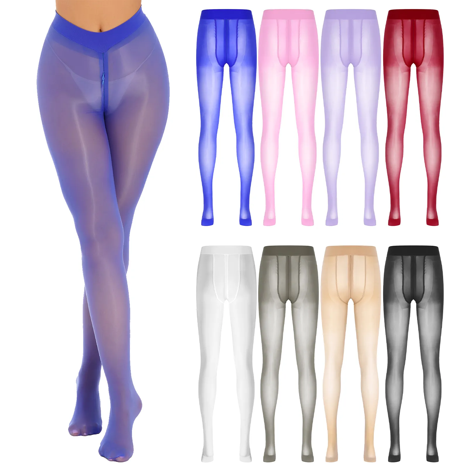 Glossy Sheer Stretchy See Through Pantyhose stockings and tights with Zipper Crotch and Open Butt Sexy Tights for Women with Socks