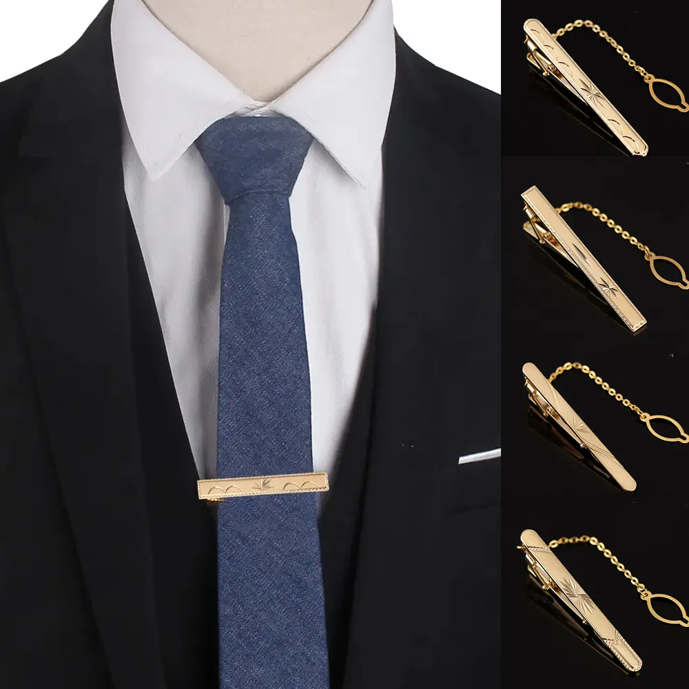 New Metal Gold Color Tie Clip With Chain For Men Wedding Necktie