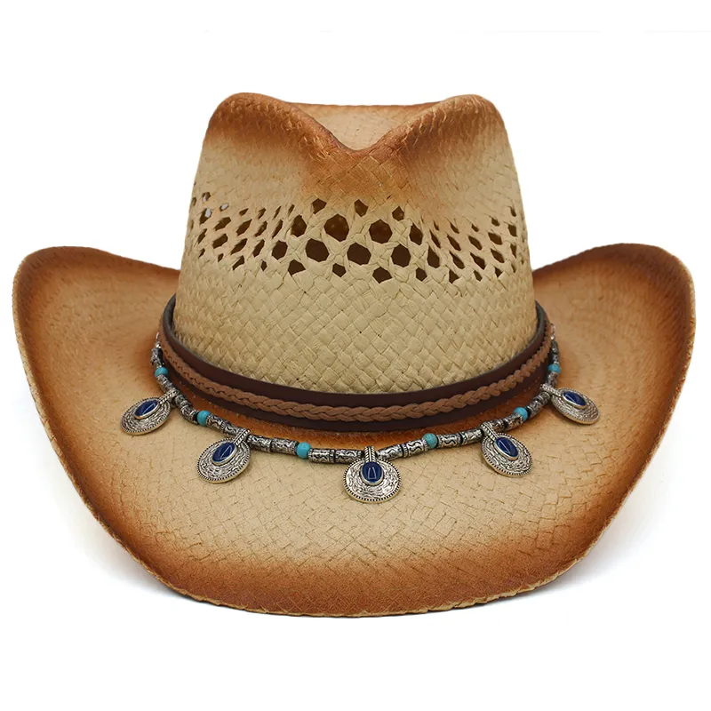 Men Women Summer Straw Cowboy Hat Wide Brim Sunhat Unisex  display picture 1