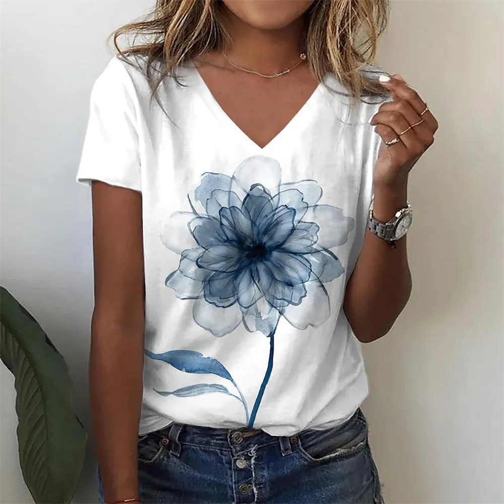 Vibrant Floral 3D Print V-Neck T-Shirt for Women: Unique Art