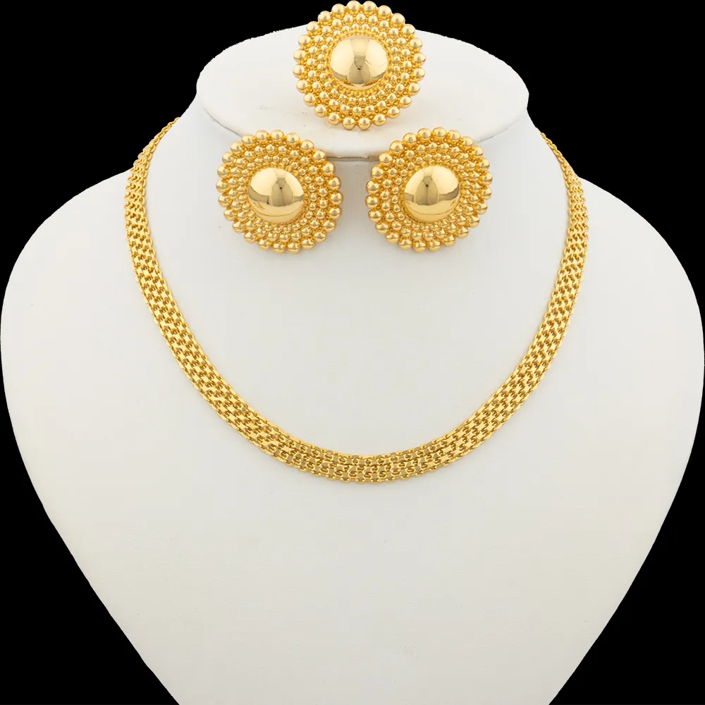 Brazilian Gold Plated Jewelry Set Clip Earrings Ring Chain Necklace