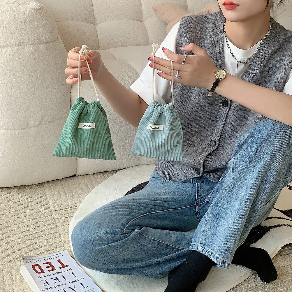 Solid Corduroy Drawstring Pouch for Small Item Organization Portable Tote  Bag for Girls' Outings