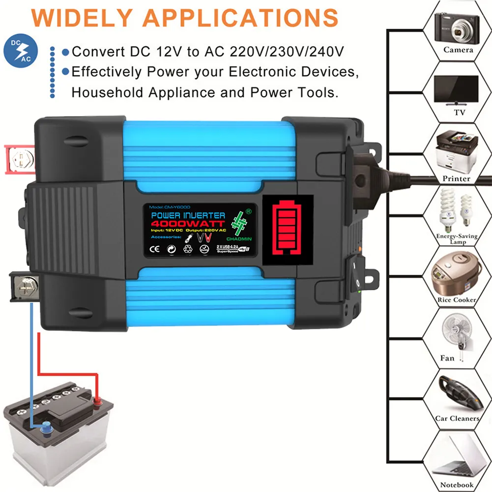 6000W Car Power Inverter LED Voltage Capacity Display Transformer Converter 12V to 110/220V Dual USB Inverter for Car Appliances