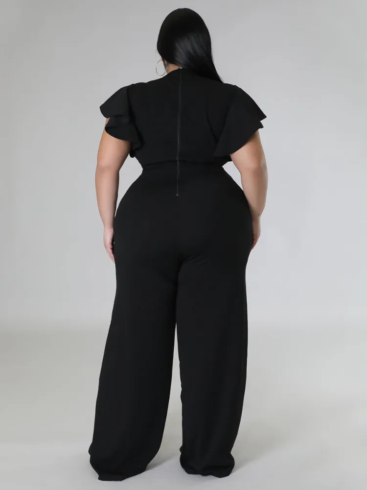Plus Size Jumpsuits: V Neck Ruffle Romper With High Waist Wide