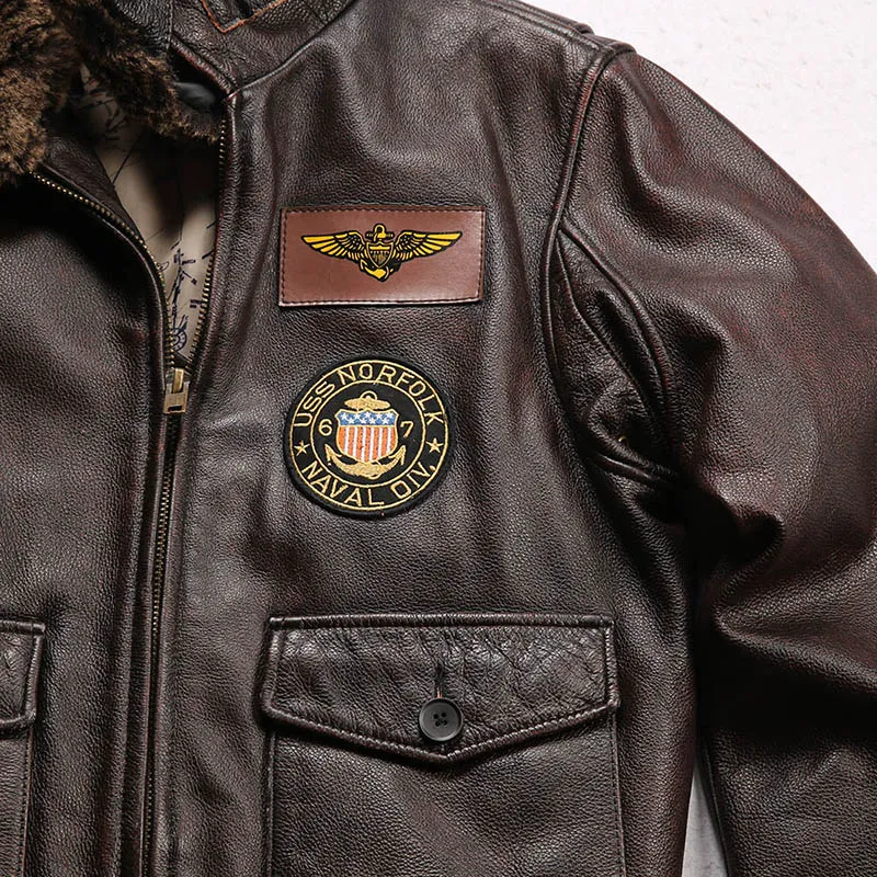Genuine Cowskin Leather Flight Bomber Jacket With Wool Collar