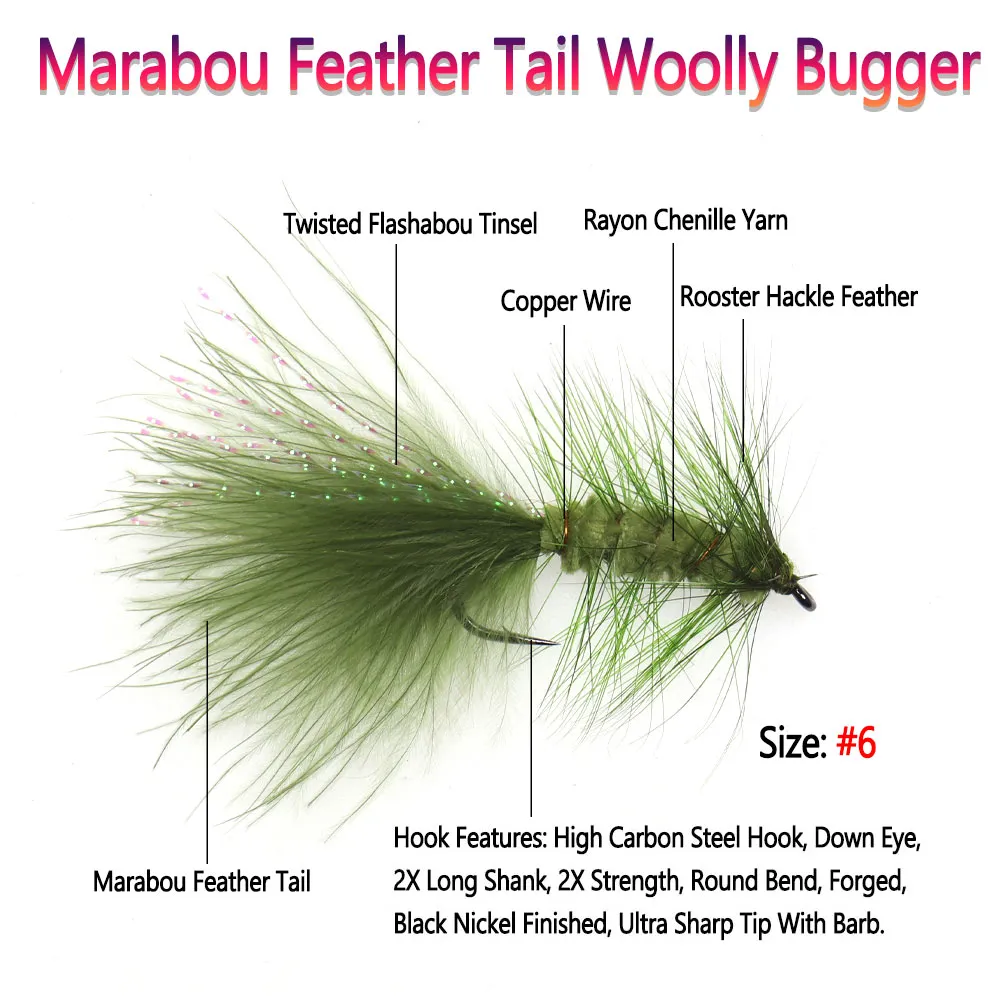 Versatile Assortment: #6 Marabou Feather Tail Streamer Flies