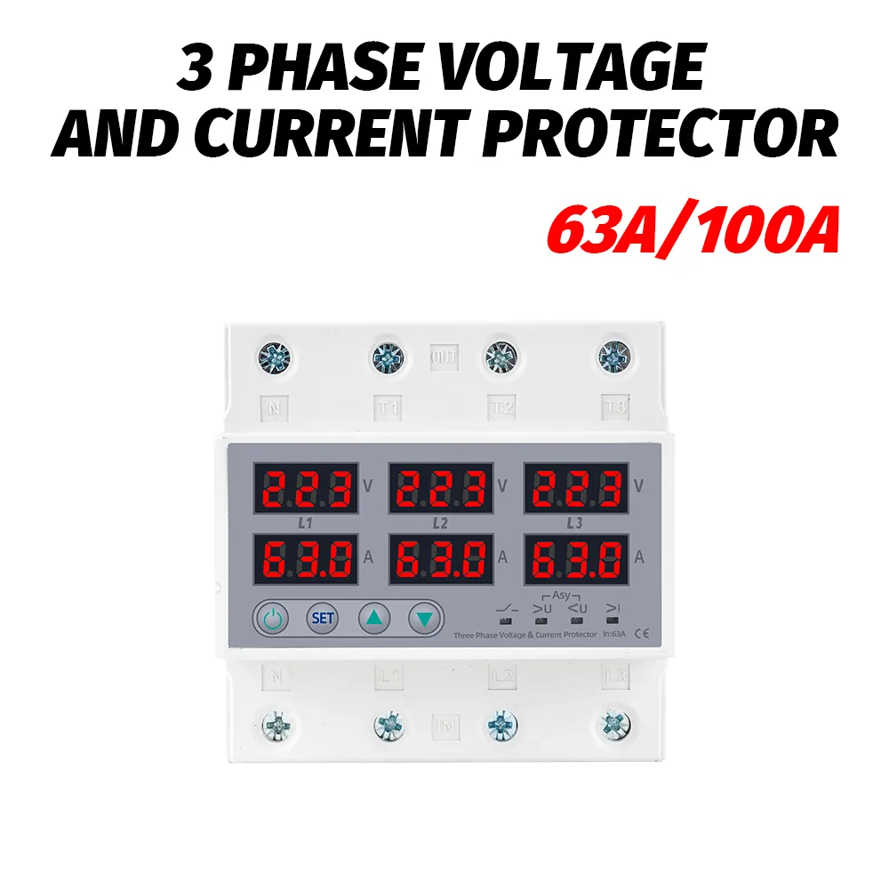 Three-Phase 380V 63A Over & Under Voltage Protector - Adjustable Digital Relay, DIN Rail Mount, Surge Protection