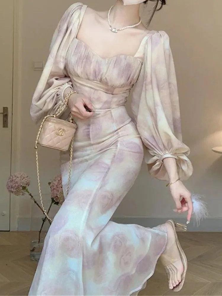 Elegant Printed Puff Sleeve and Midi Skirt Suit Two-Piece Set from