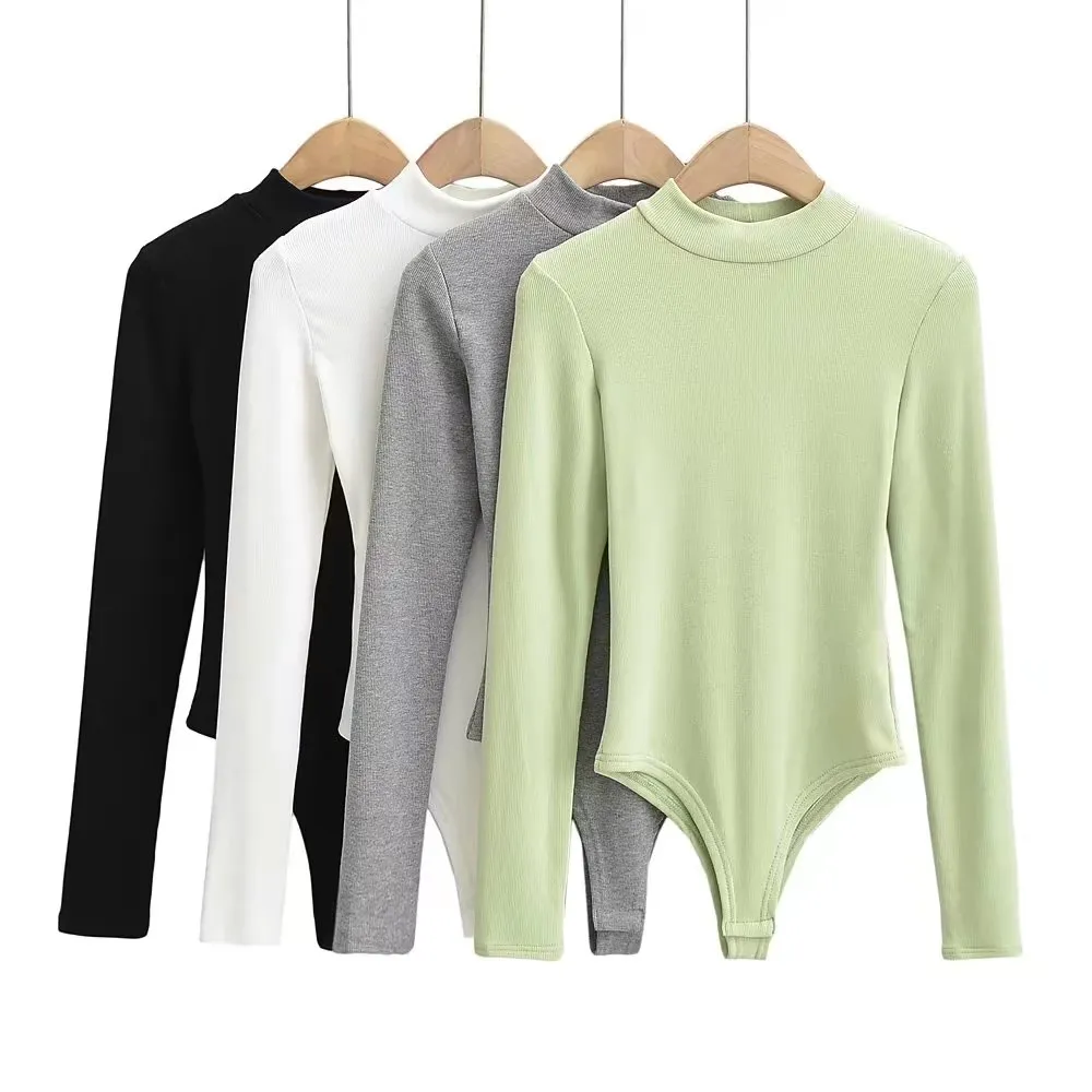 Womens Fleece Lined Long Sleeve Bodysuit: Stretchy Slim Fit O Neck