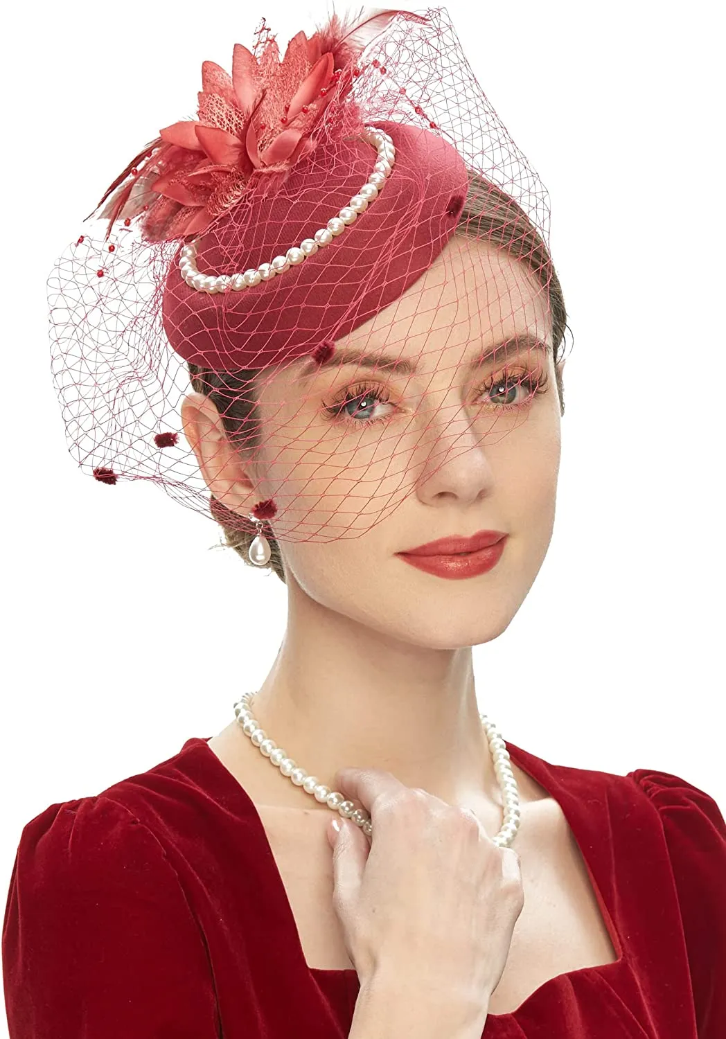 Fascinators Cappelli anni '20 Cappello Pillbox Cappello Cocktail Tea Party Copricapo Elegante Pizzo Mesh Fascia per ragazze e donne