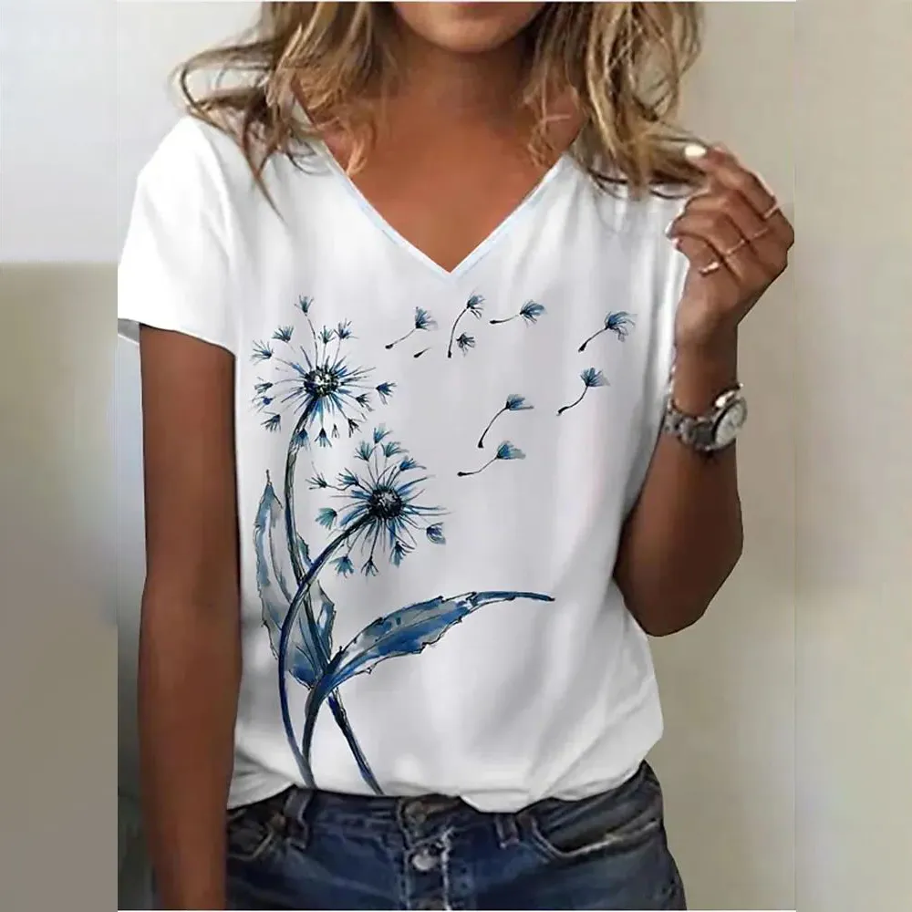Vibrant Floral 3D Print V-Neck T-Shirt for Women: Unique Art