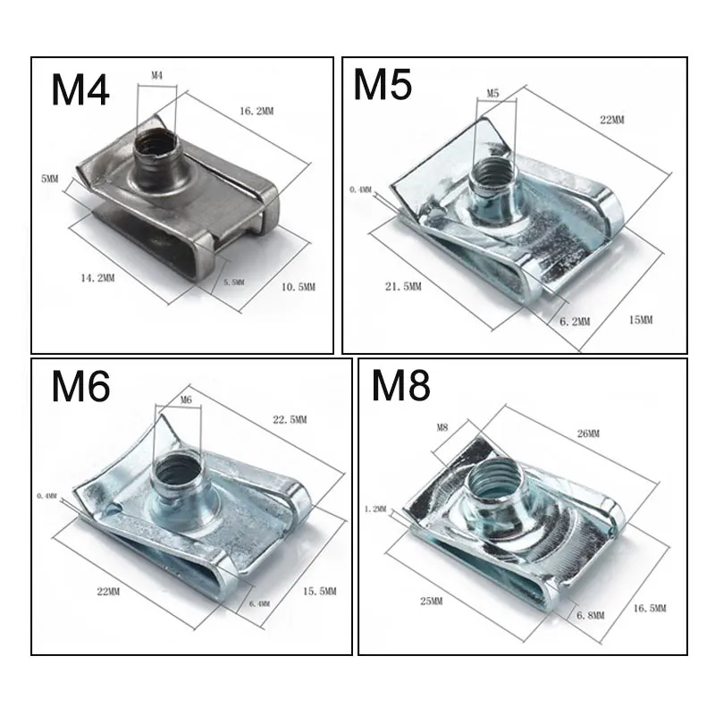 25 écrous à Clipser Type U (U-nuts) M4 M5 M6 M8 - En Acier Manganèse, Anti-rouille, Pour Voiture, Scooter, Quad, Fixation Câbles