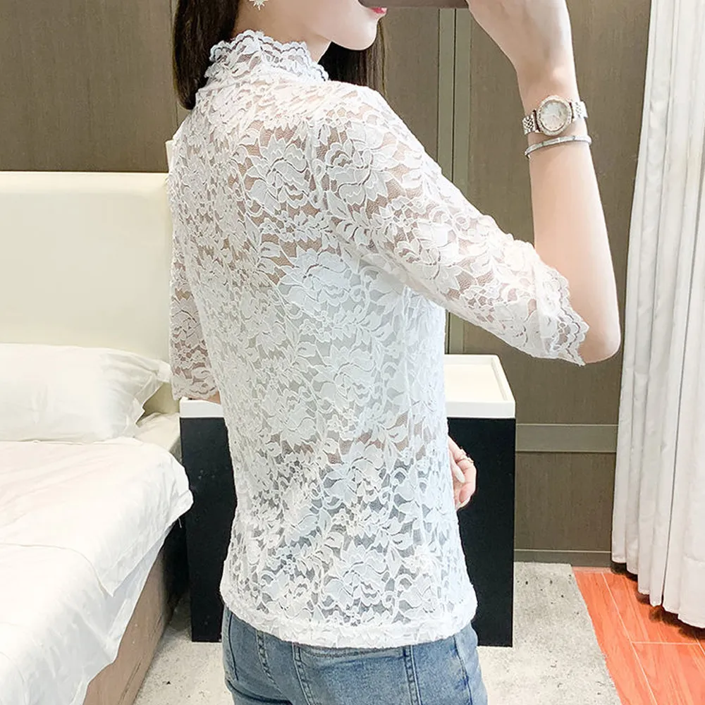 Floral Lace T-Shirt for Women Elegant Turtleneck Short Sleeve