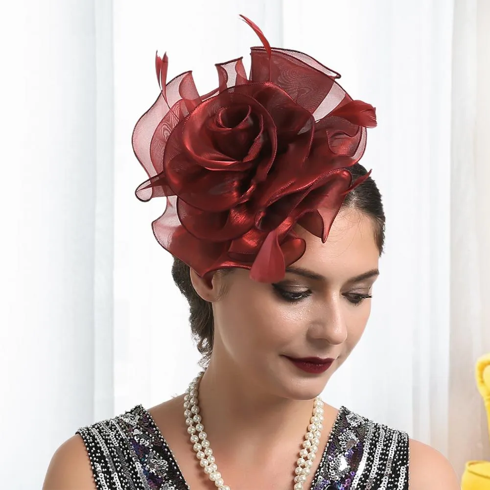 Red Rose Fascinator with Feather Accent Elegant Fall & Winter Statement Hat Women Red Felt Fascinator Hat With Feathers - Elegant Red  main image 4
