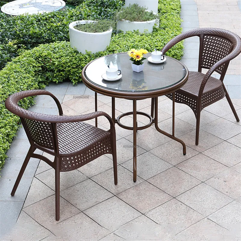 Narrow Apartment Patio Table Rattan Garden Coffee Table Set With
