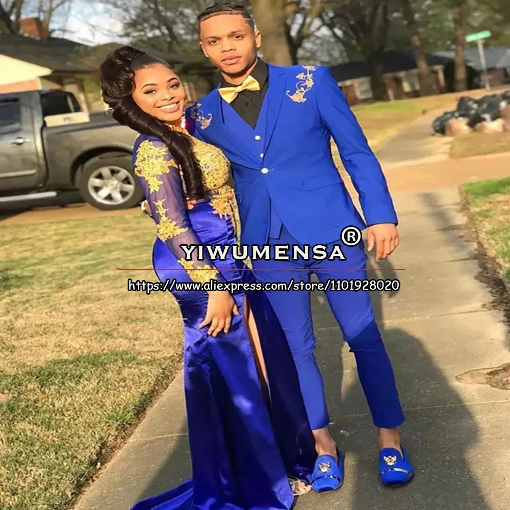 Royal blue and gold wedding tuxedo deals