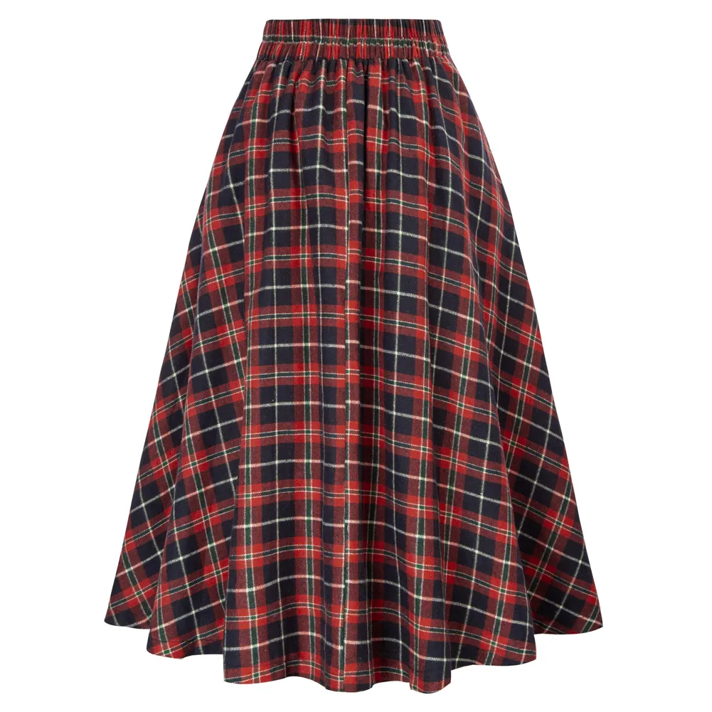 Knee Length Plaid Pleated Tartan Skirt Knee Length Womens Red